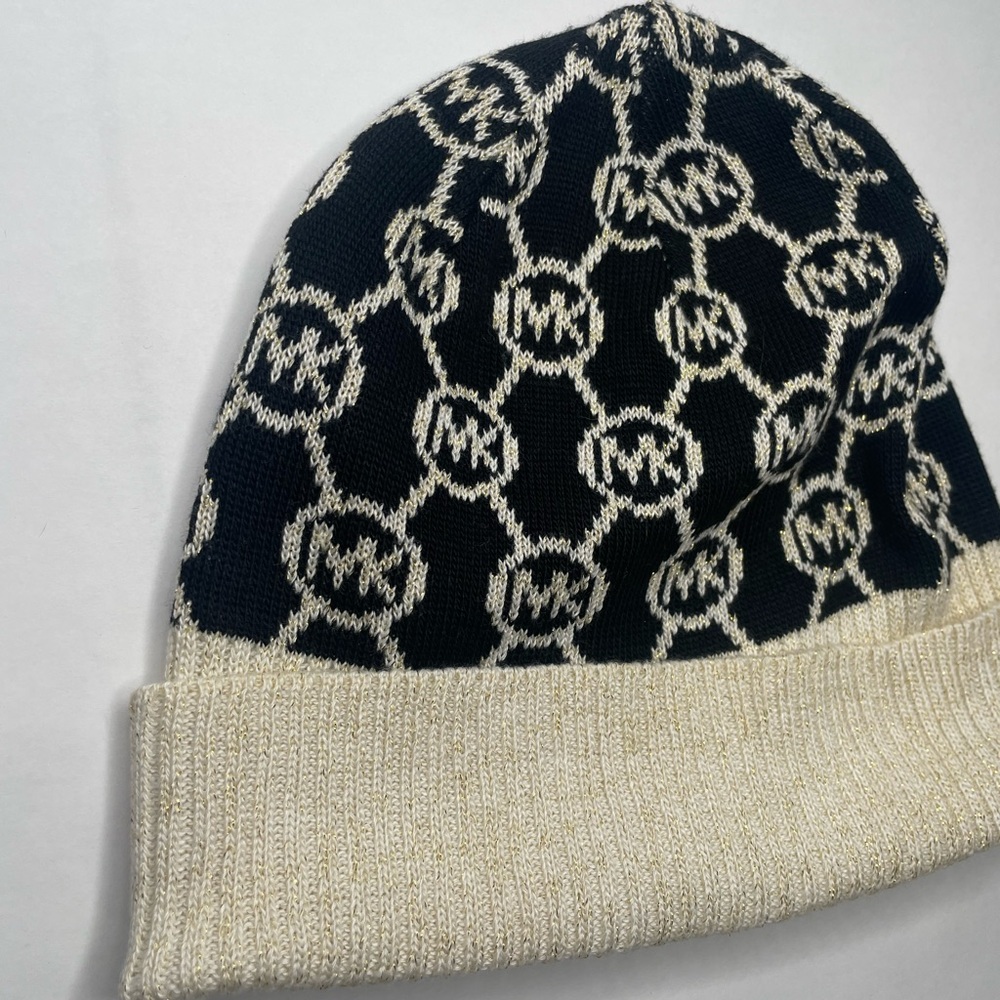 Michael Kors Circle MK Monogram Logo Knit Black Gold Beanie Hat NWOT - Picture 5 of 5